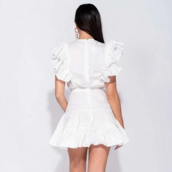 White Lace Trim Short Sleeve V-Neck Tiered Mini Dress - Picture 12 of 17